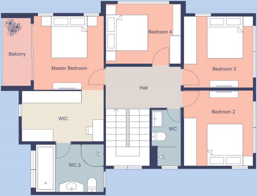 Stylish Five Bedroom Floor Plan With Pink Details