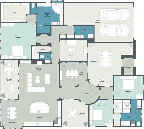 3 Bedroom Floor Plan With Several Outdoor Areas