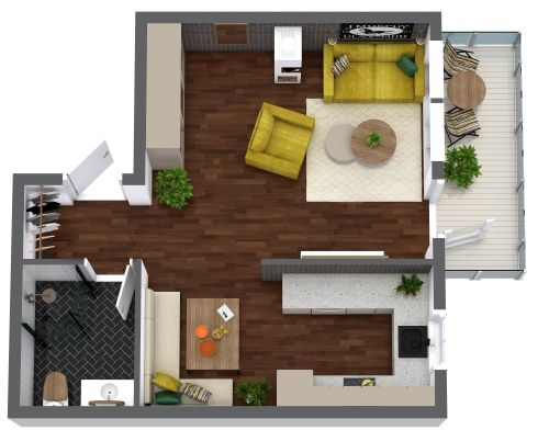 Warm and Elegant Studio Apartment Plan With Balcony