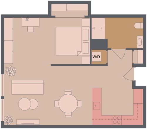 Stylish Studio Apartment Plan With U-Shaped Kitchen