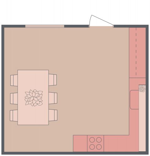 Pink and Black L-Shaped Kitchen Floor Plan