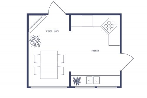 Kitchen Floor Plan With Cozy Dining Area and Fireplace