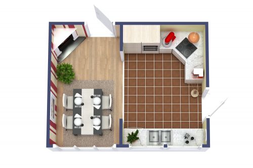 Kitchen Floor Plan With Cozy Dining Area and Fireplace