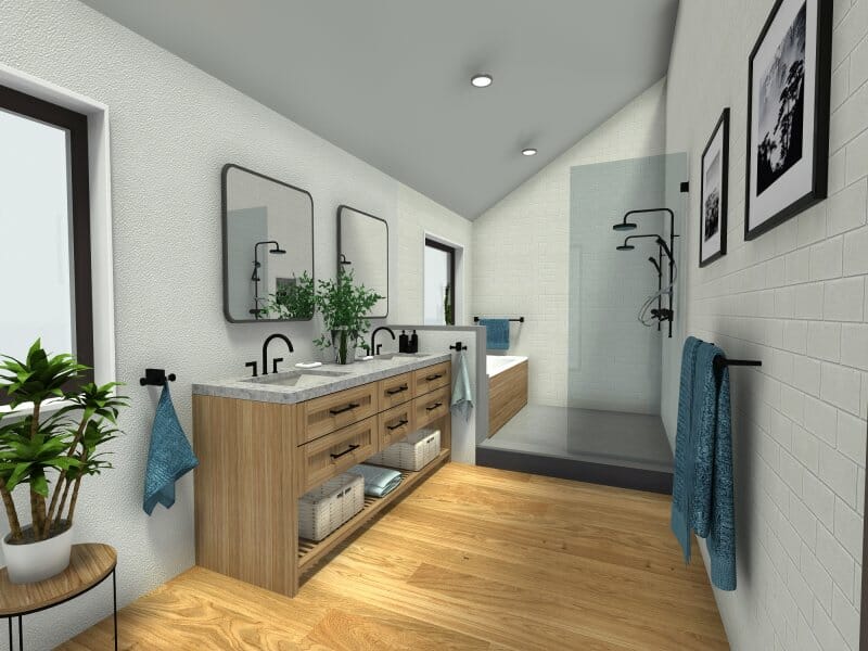 Scandinavian Bathroom Double shower Light Colored Wood Floor