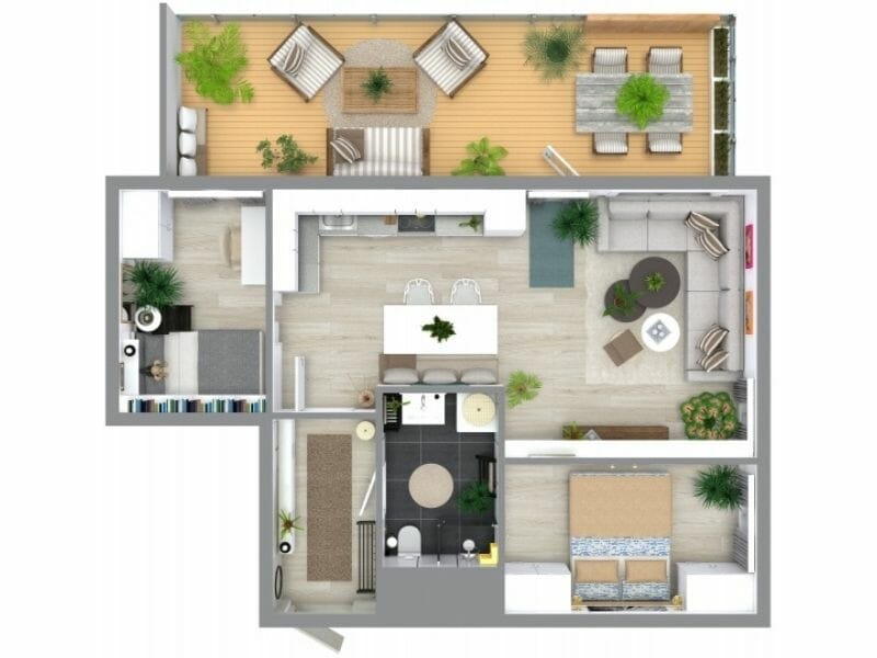 2 Bedroom 3D Floor Plan With Large Balcony