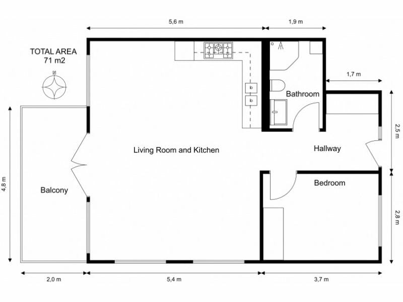 2D Floor Plan Black and White Add Total Area Measurements