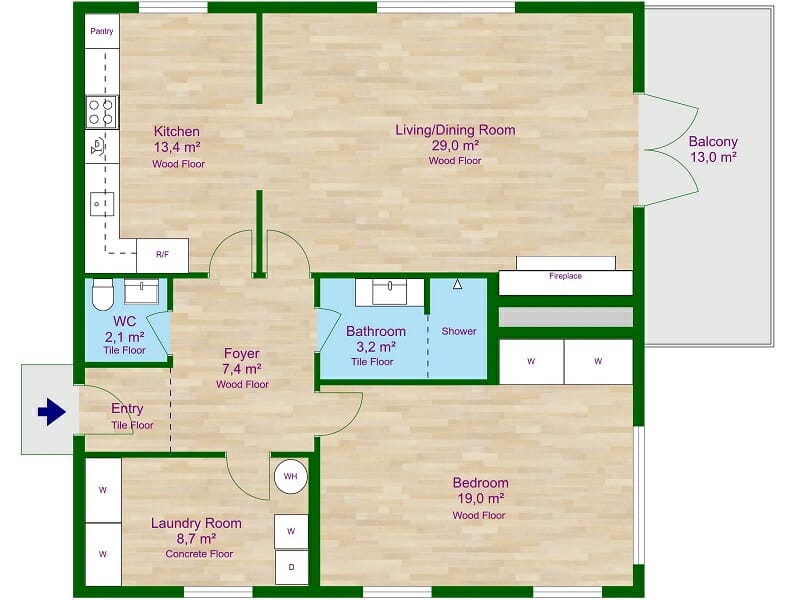 2D floor plan with green wall top color