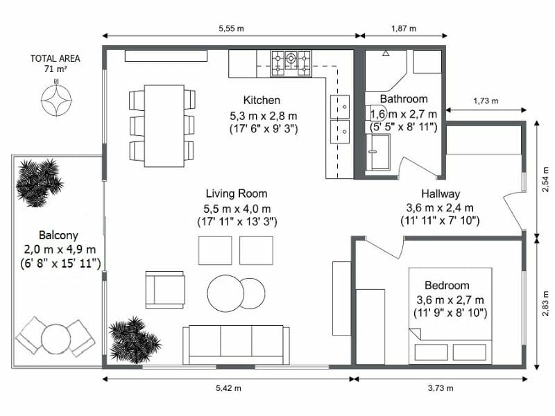 2D Floor Plan With Measurements and symbols