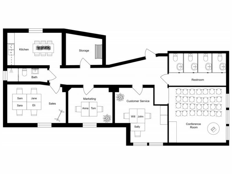 2D Office Floor Plan Layout With Multiple Restrooms