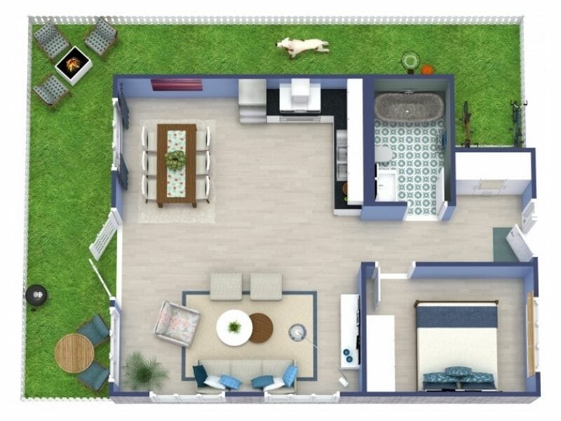 3D Site Plan With Garden and Blue Walls