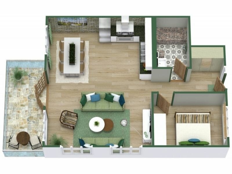 3D Floor Plan With Green Wall Top Color
