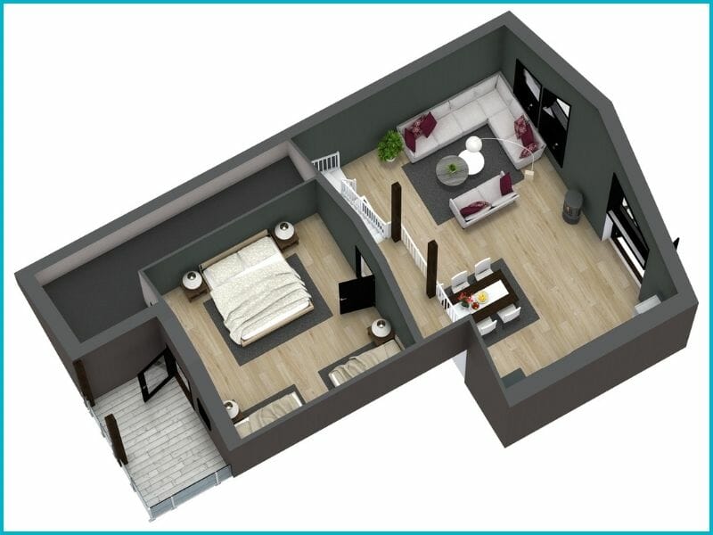 3D floor plan with sloped ceiling