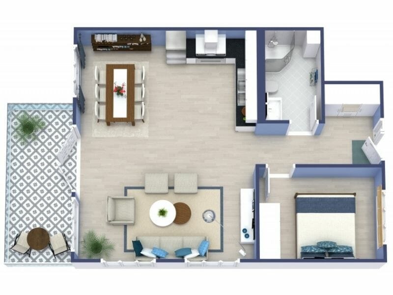 3D Floor Plans Blue Walls With Balcony
