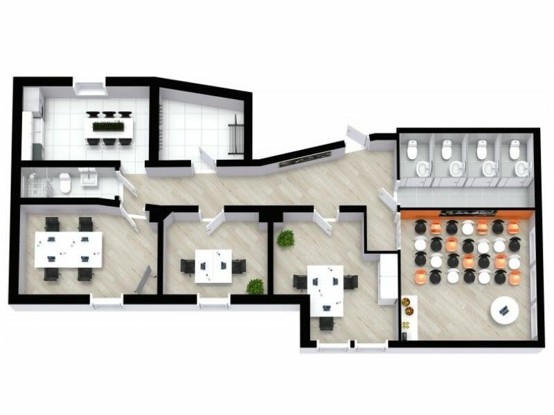 3D Office Floor Plan Layout With Multiple Restrooms