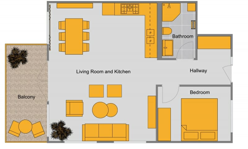 2D floor plan with yellow accents