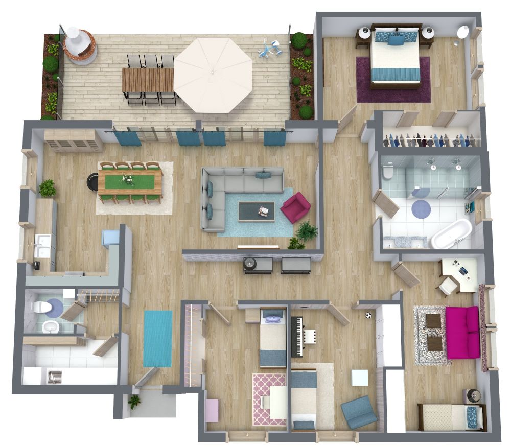 4 Bedroom Apartment Plan Examples 3D