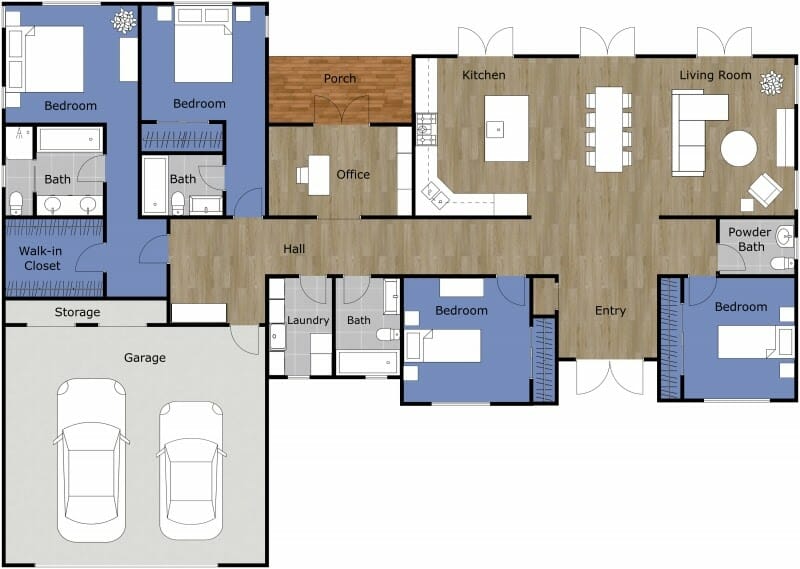 4 Bedroom with Garage Materials Dark Floor 2D Floor Plan