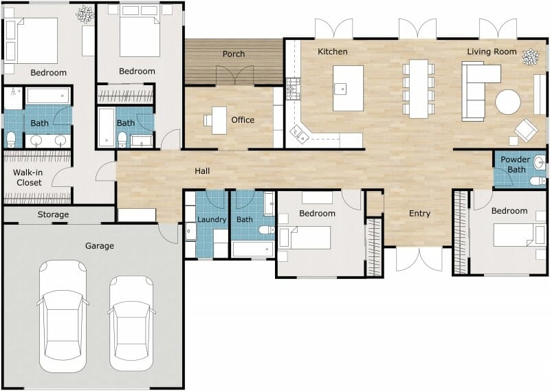 4 Bedroom with Garage Materials Light Floor 2D Floor Plan