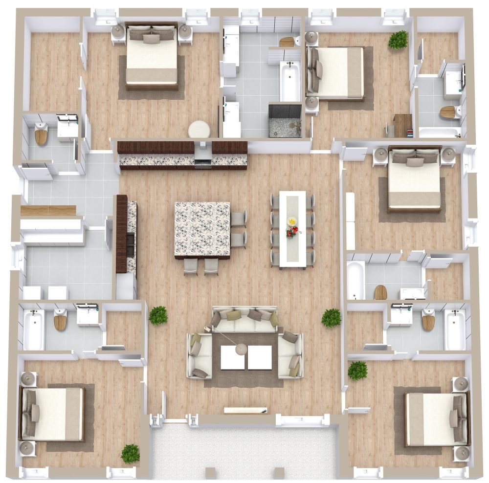 5 Bedroom Apartment Plan Examples 3D