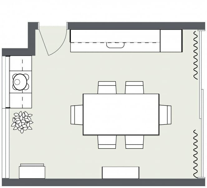 L-shaped kitchen layout broken with doorway 2D floor plan