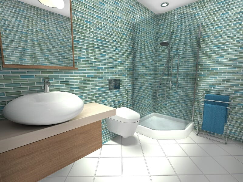 Blue bathroom design with walk-in shower