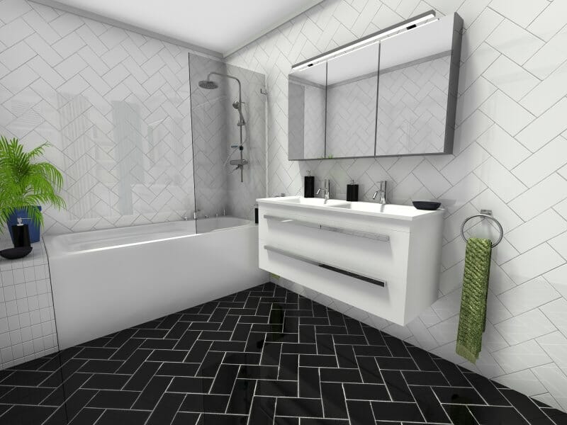 Black and white bathroom with subway tiles
