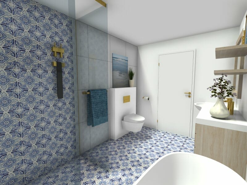 Beach bathroom remodel idea with blue tiles