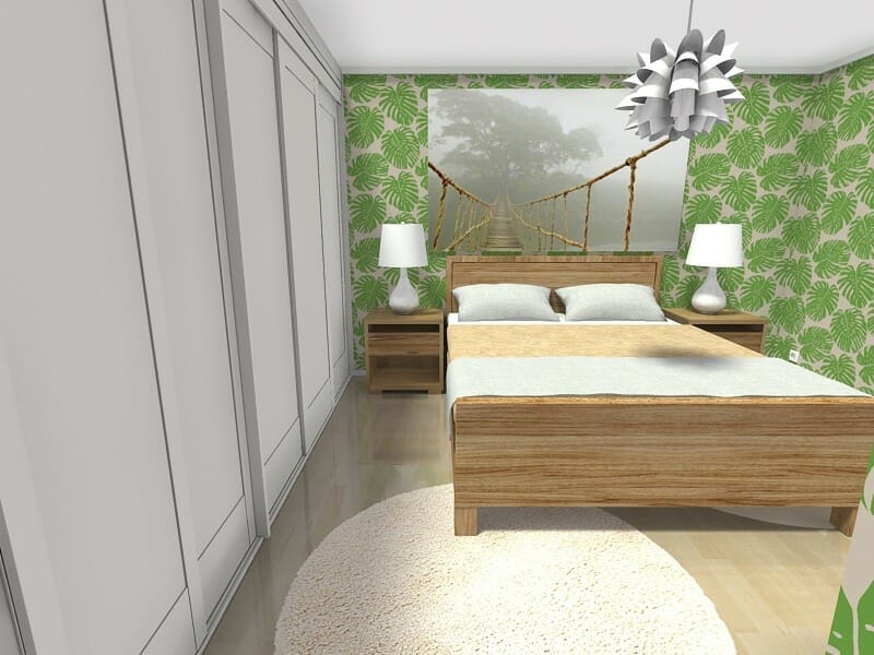 Bedroom interior with tropical wallpaper