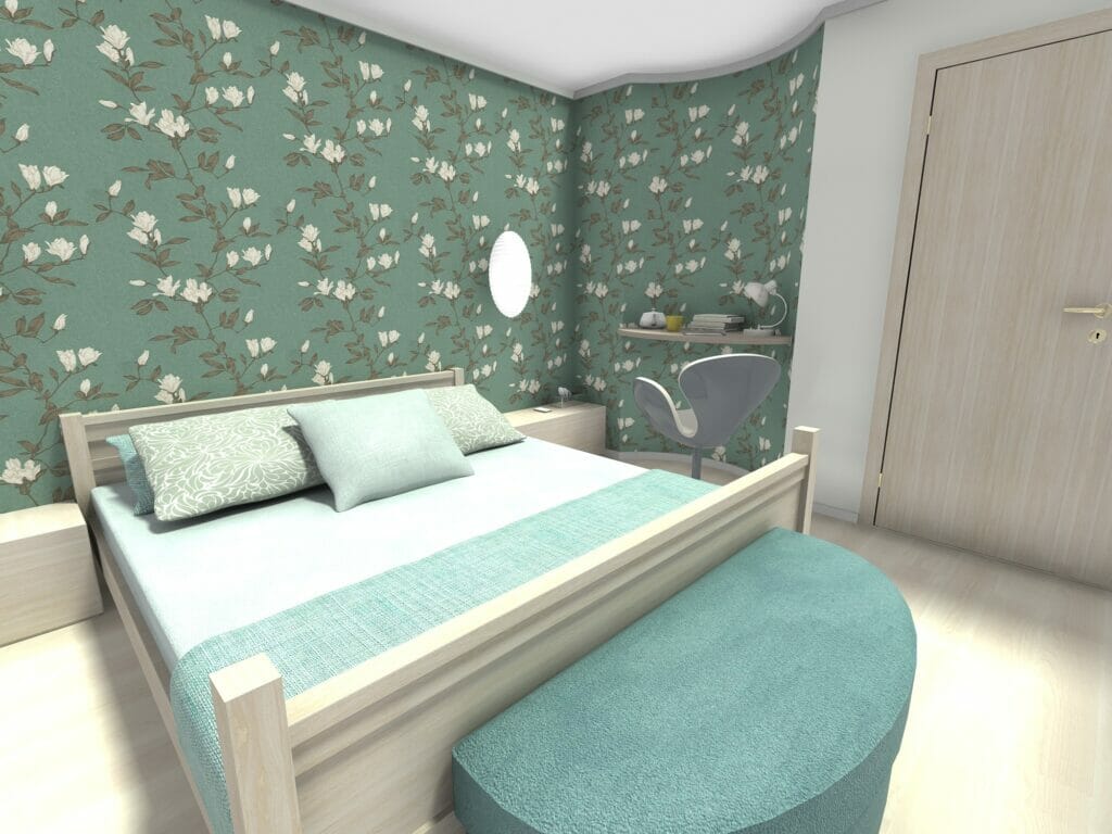 Master bedroom with green wallapaper
