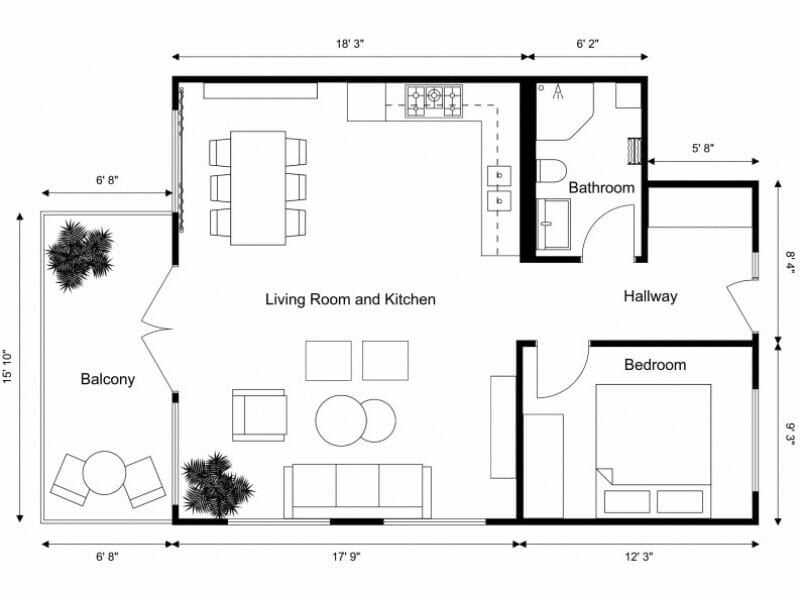 Black and White 2D Floor Plan With Measurements and Furniture