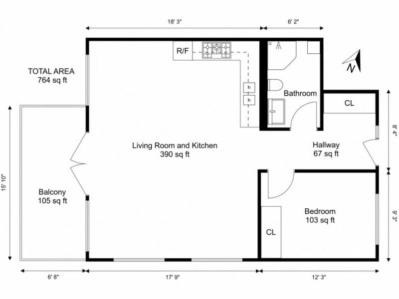 Black and White 2D Floor Plan With Total Area Measurements