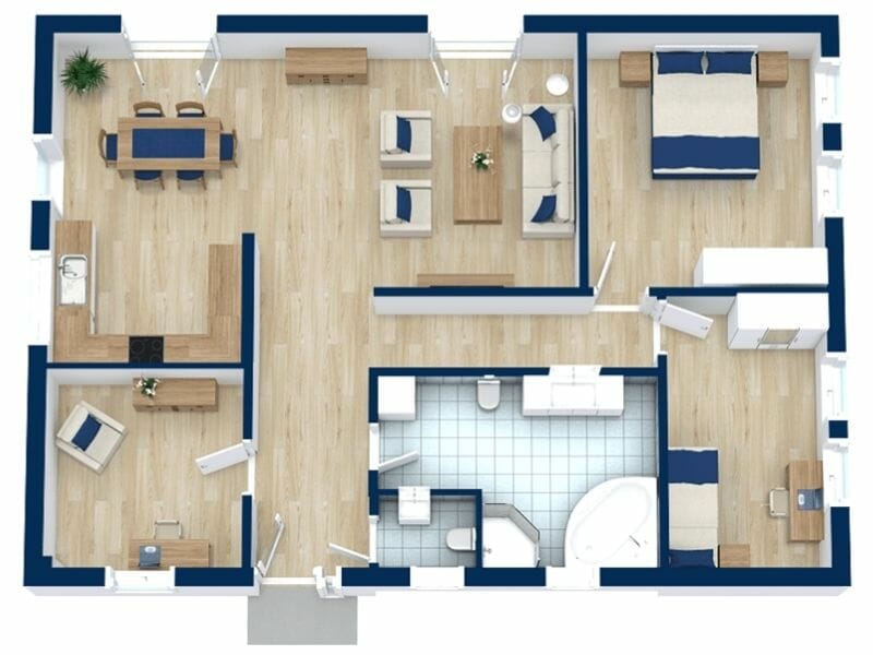 Blue Furniture 3D Floor Plan 2 Bedroom