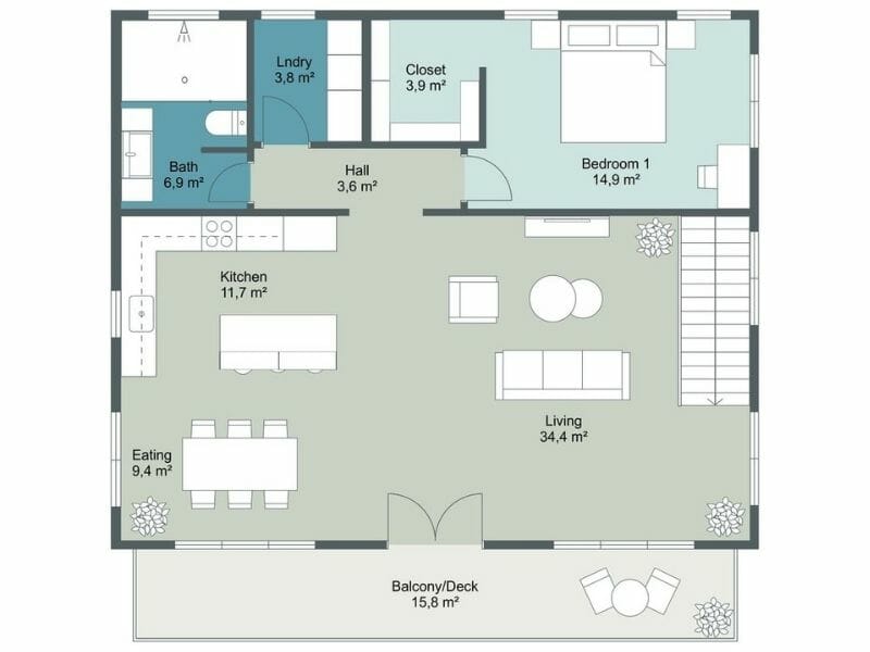 2D floor plan with blue-green colors