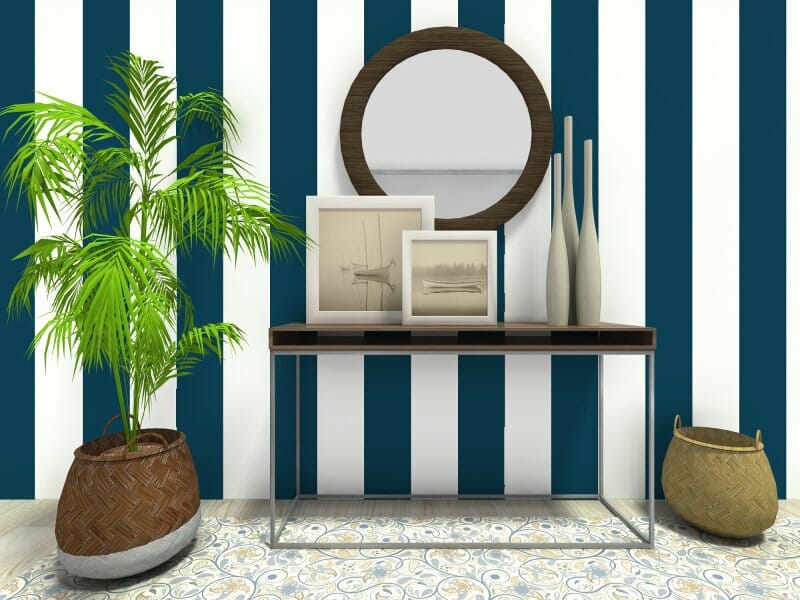 Blue and white striped wallpaper patterned wall