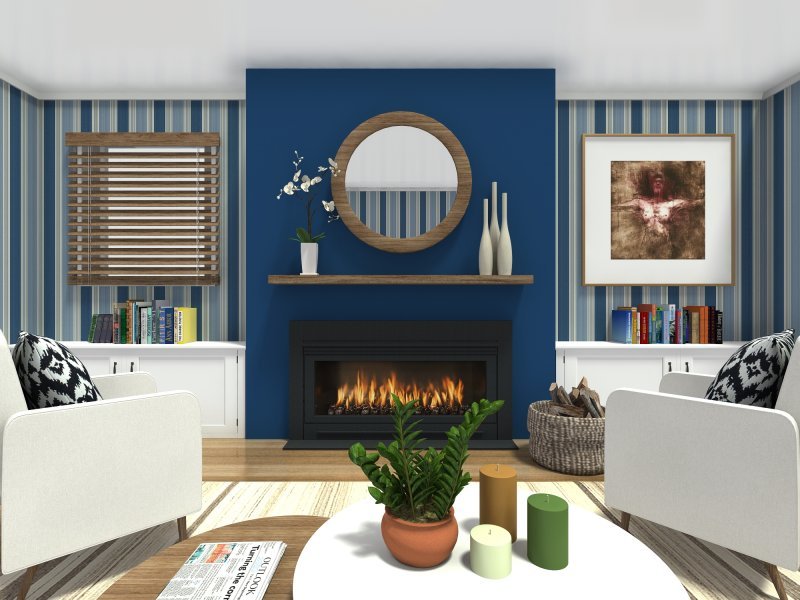Living room design with blue accent wall
