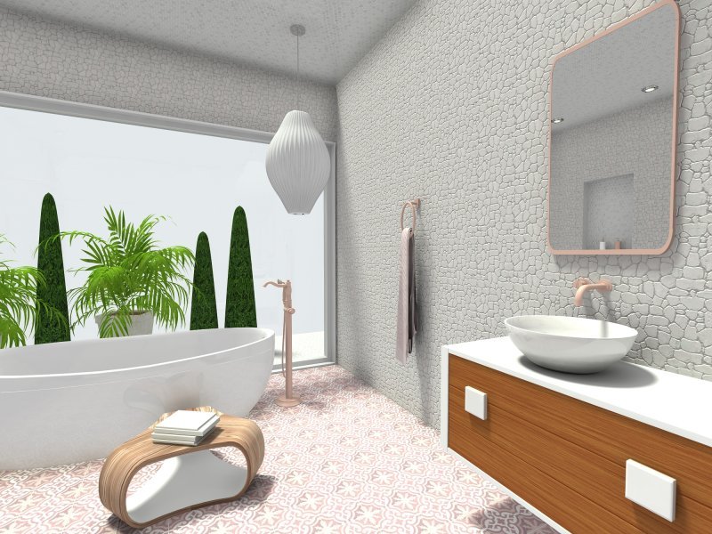 Bohemian bathroom deign with pink tiles