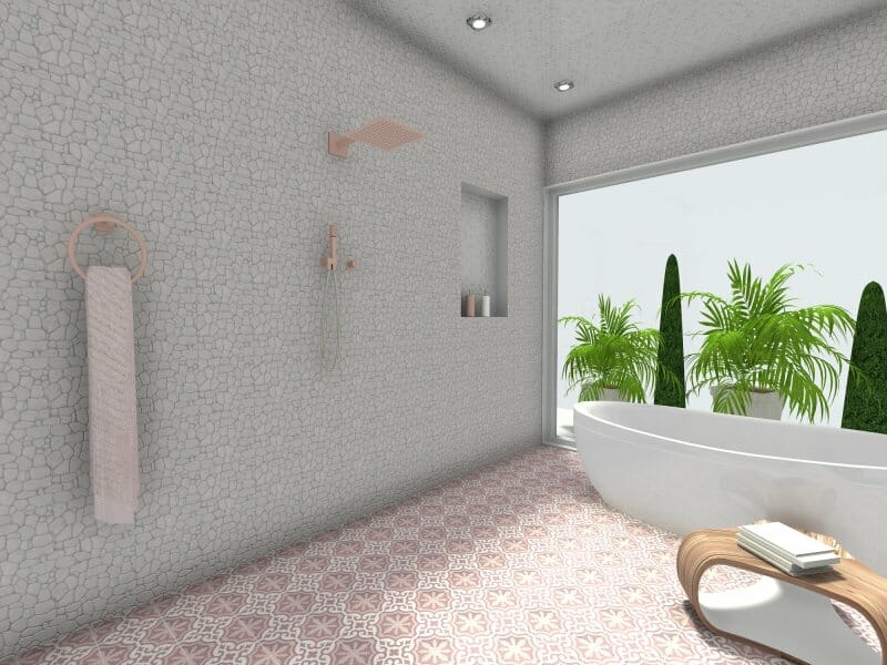 Boho-chic bathroom with pink tiles