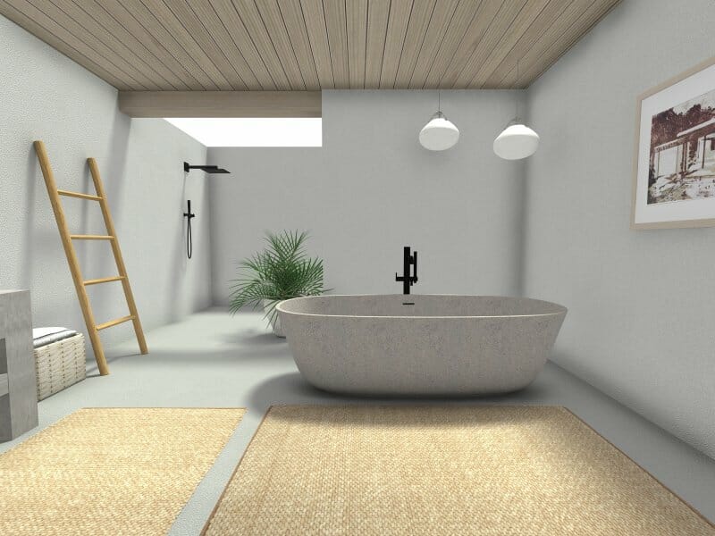 Bohemian bathroom design with freestanding concrete bathrub
