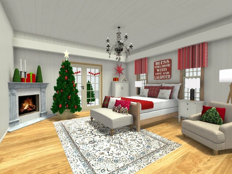 Bedroom with fireplace decorated for Christmas