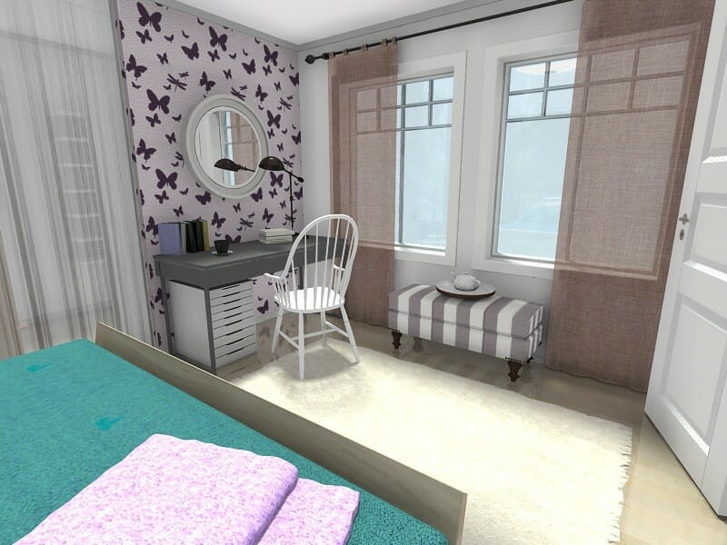Feminine bedroom with home office