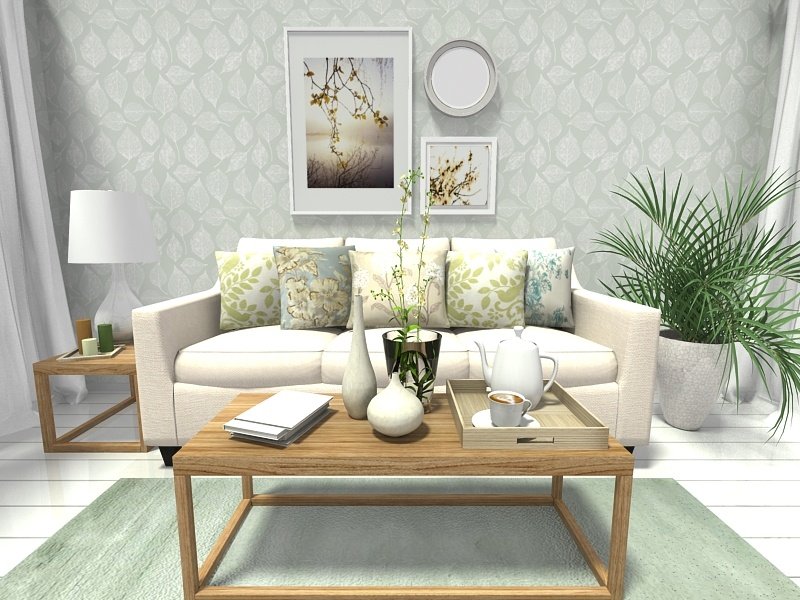 Living room with green leaf wallpaper