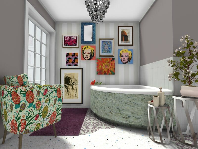 Eclectic bathroom style with purple rug