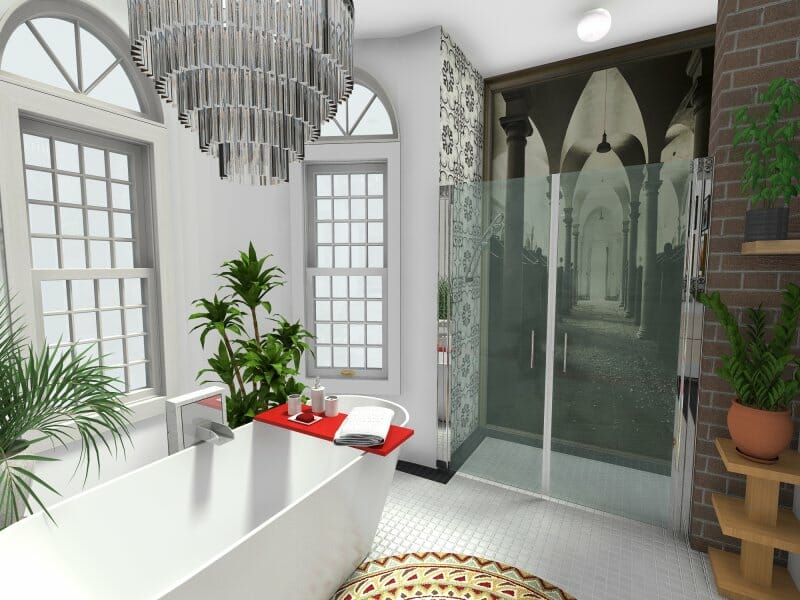 Freestanding bathtub with chandelier eclectic style
