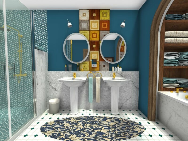 Eclectic bathroom style with pedestal sinks