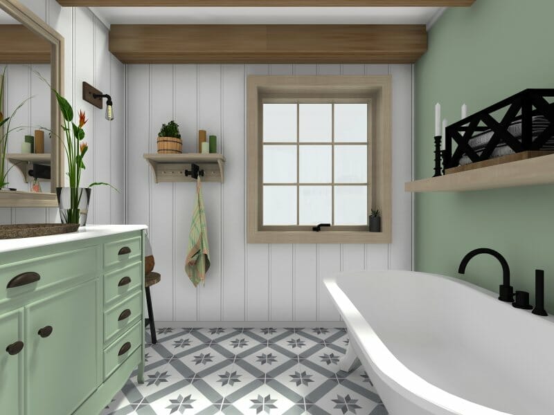 Farmhouse bathroom remodel with geometric floor tiles