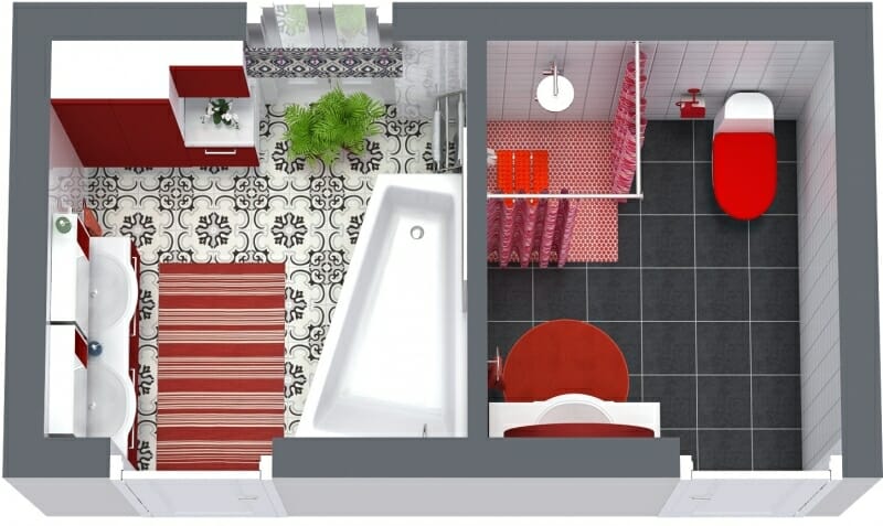 3D bathroom floor plan red accents