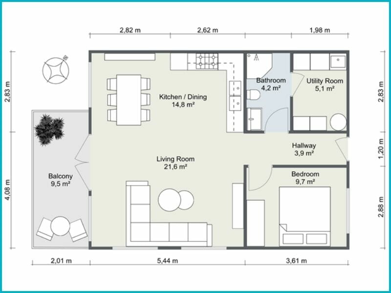 2D floor plan with dimensions