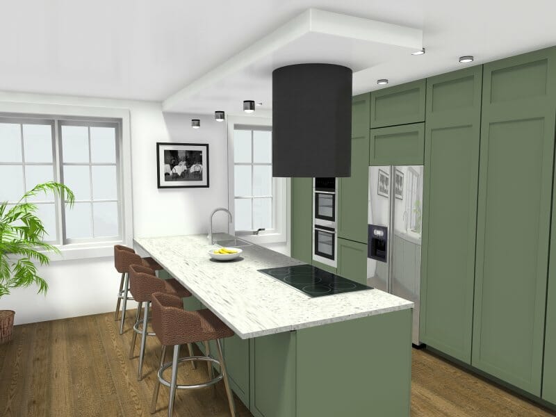 Green galley kitchen with peninsula