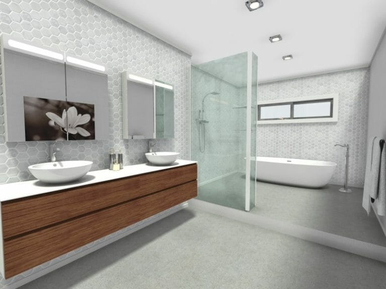 Glass Shower Enclosure and Freestanding Bathtub 3D Photo