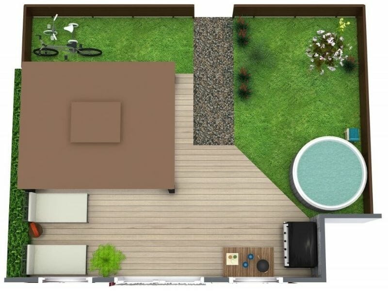 Green Garden Plan With Patio Deck